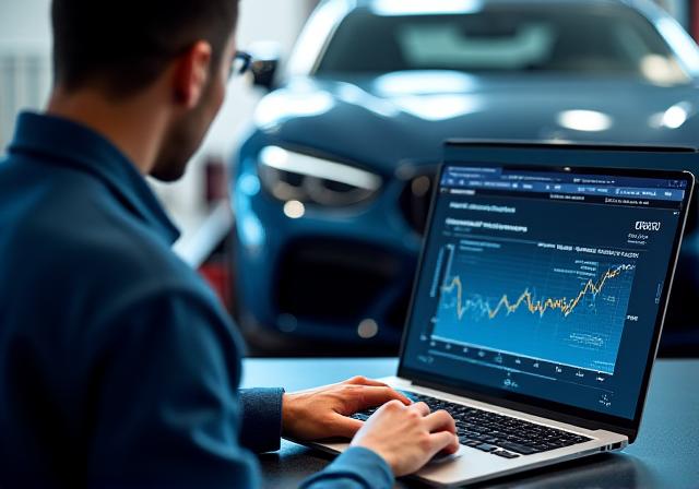 Technician analyzing performance data on a laptop in front of a car